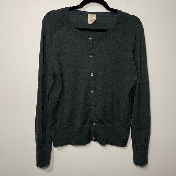 GAP womens 100% Merino Wool Dark Green Button Front casual Cardigan Sweater in L - Picture 1 of 8